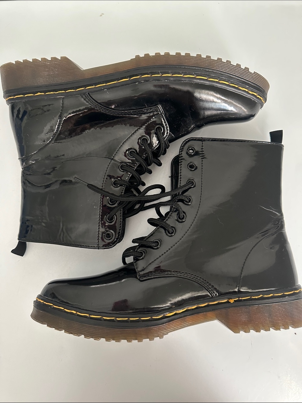 Charles By Charles David Black Patent Lace-Up Combat Boots with Yellow Stitching